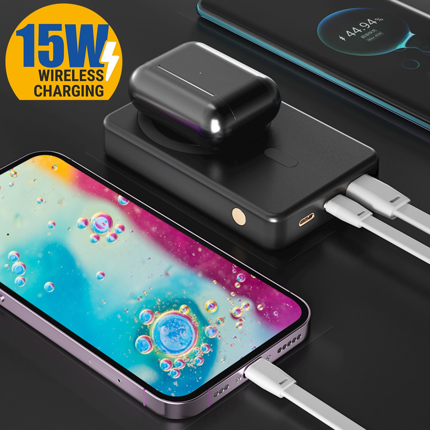 Wireless Power Bank Output äóñ 15W/10W/7W/5W cable-free charging options