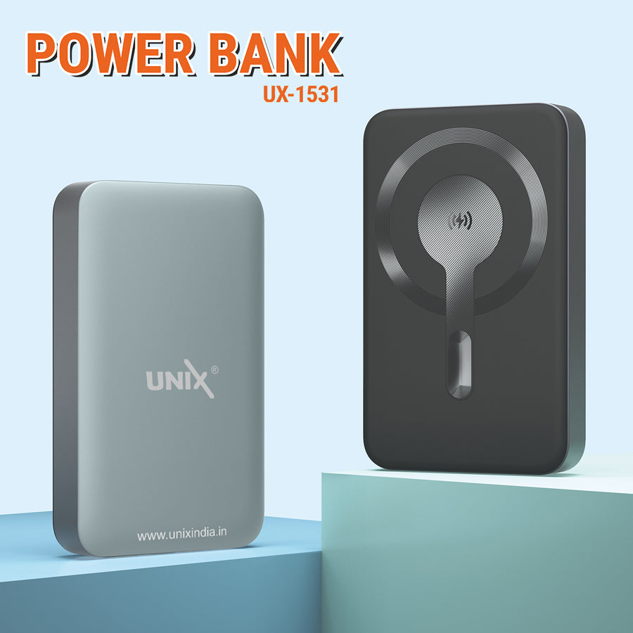 Unix UX-1531 10000mAh Power Bank - Fast Charging, Wireless Convenience, and Magnetic Hold Silver front