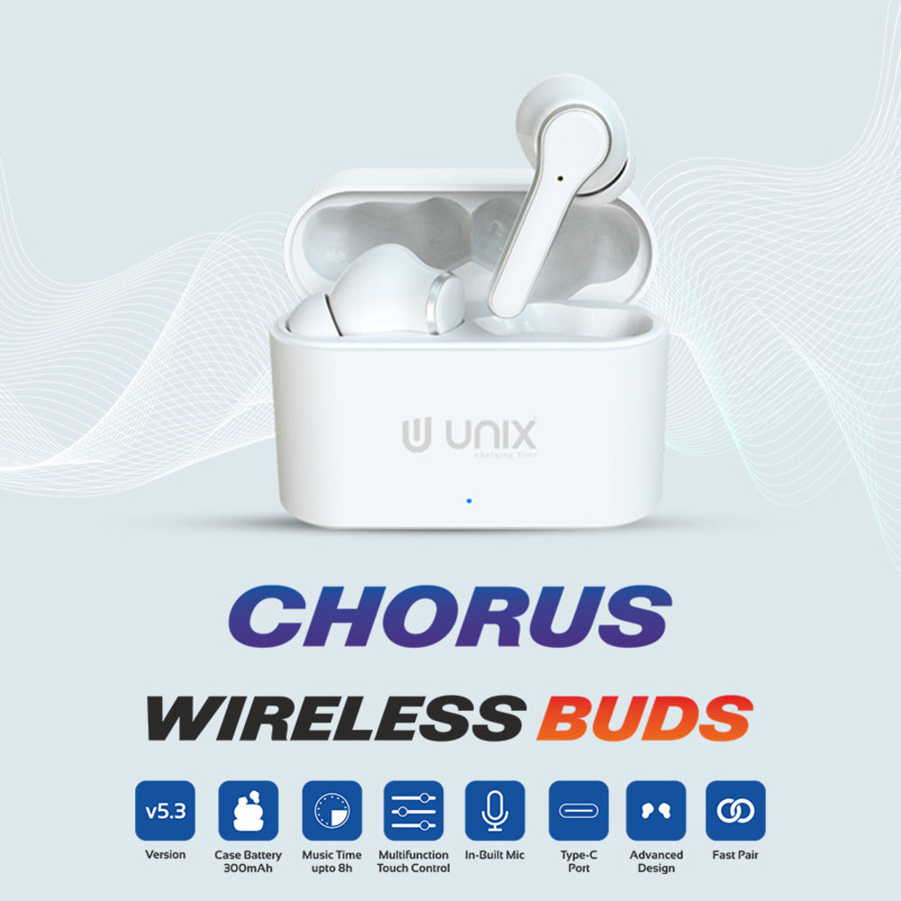 Unix UX-470 Chorus Wireless Earbuds | 8-Hour Music Time & Fast Charging Case