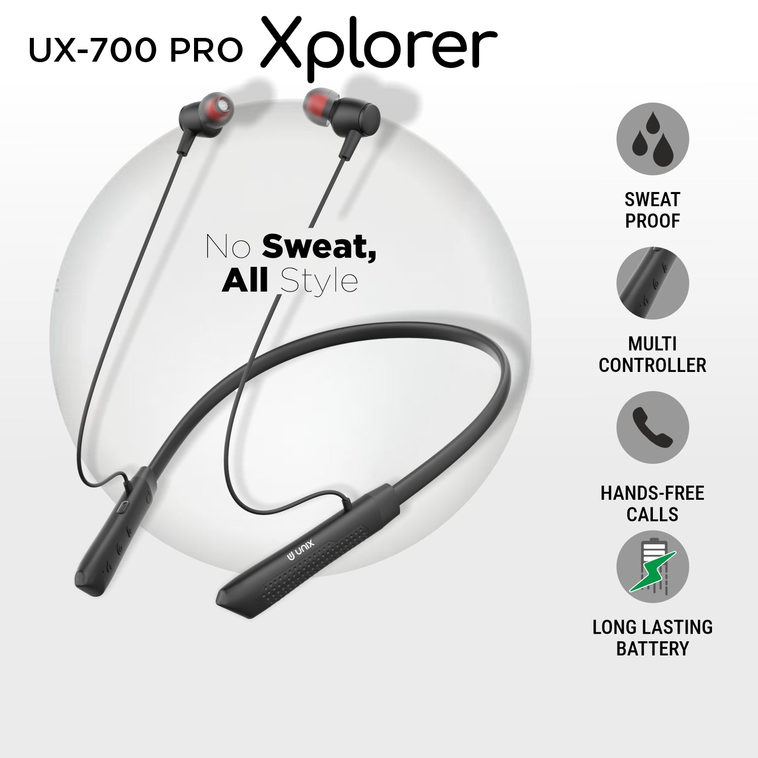 Unix Explorer UX-700 Pro Bluetooth Neckband – 52 Hours Playtime, Thumping Bass