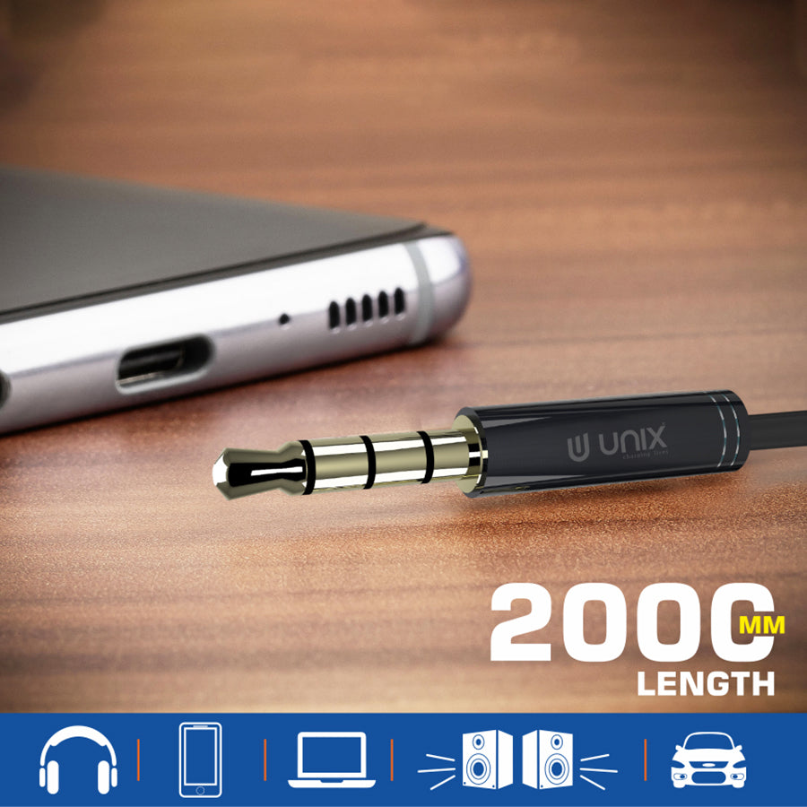 Unix UX-AUX30 Aux Cable - Metal Finish | Supports All Devices with 2 MTR Aux jack - Unixindia.