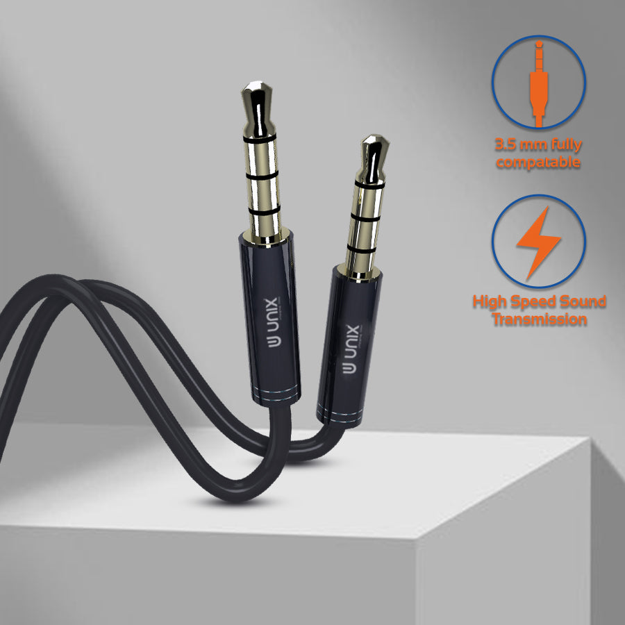Unix UX-AUX30 Aux Cable - Metal Finish | Supports All Devices with 2 MTR Aux jack - Unixindia.