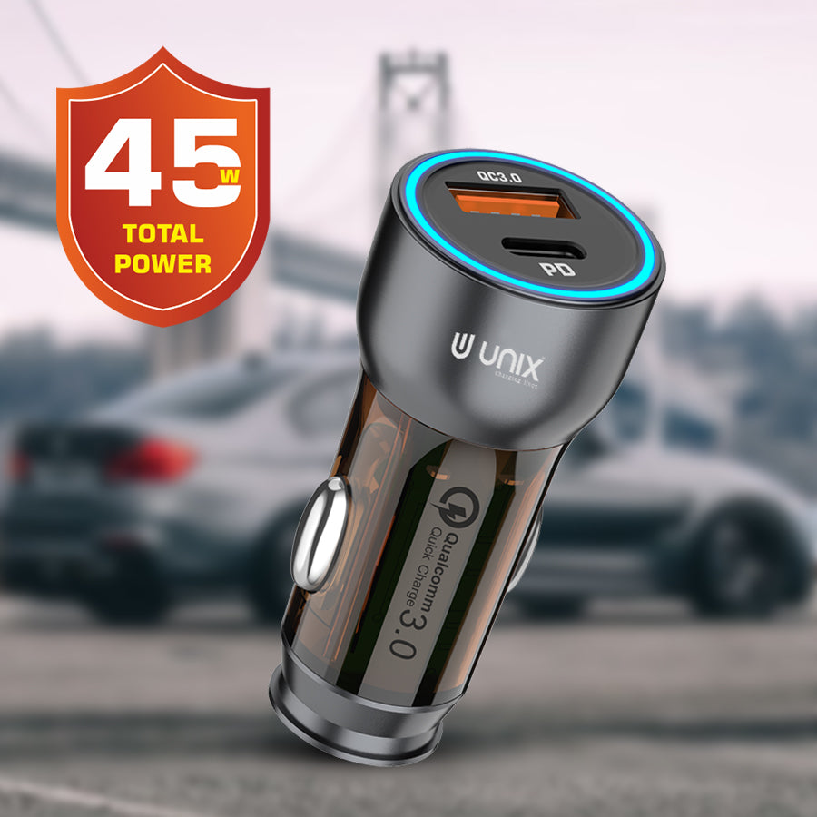 Unix UX-C66 Quick Car Charger | 45W Total Power & Qualcomm Quick Charge - Unixindia.