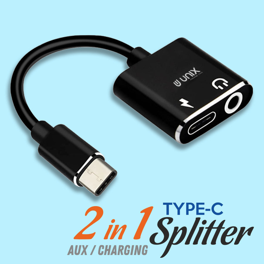 Unix UX-SC20 Wire HF/Charging Connector | 2-in-1 Type-C Aux + Charging Splitter - Unixindia.