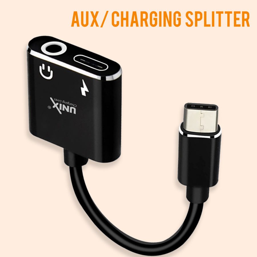 Unix UX-SC20 Wire HF/Charging Connector | 2-in-1 Type-C Aux + Charging Splitter Black right