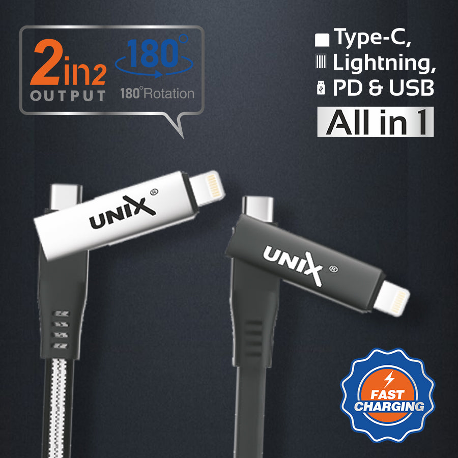 Unix UX-T20 All-In-One Fast Data Cable - 180 Rotation, 5A-40W Rapid Charge left