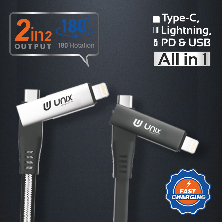 Unix UX-T20 All-In-One Fast Data Cable - 180 Rotation, 5A-40W Rapid Charge