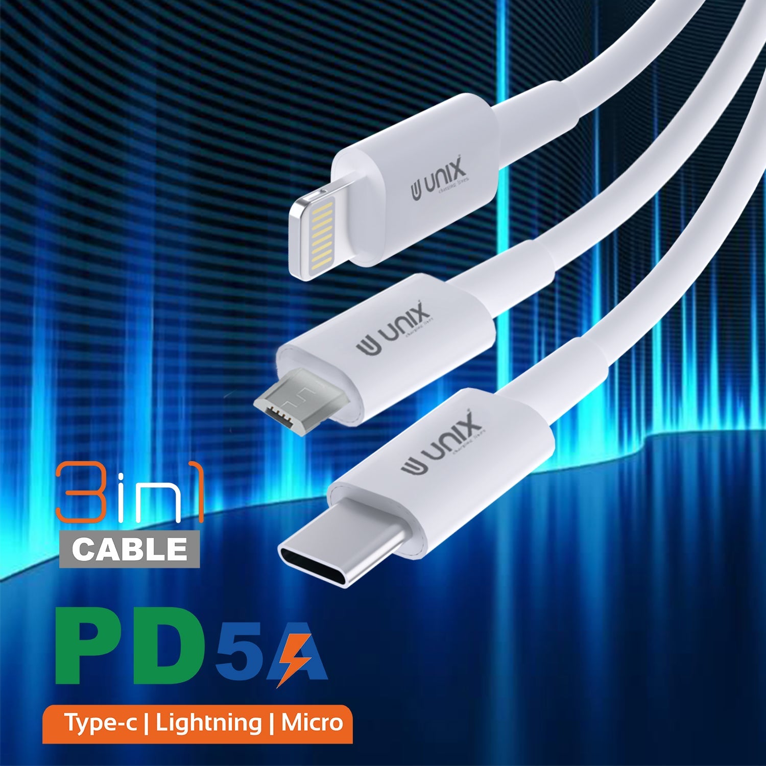 Unix UX-T22 3-in-1 Fast Charging Data Cable - Type-C, N70, Lightning - Unixindia.