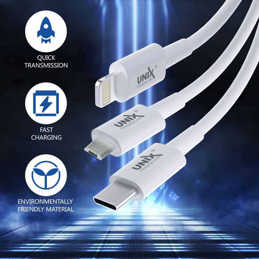 Unix UX-T22 3-in-1 Fast Charging Data Cable - Type-C, N70, Lightning - Unixindia.