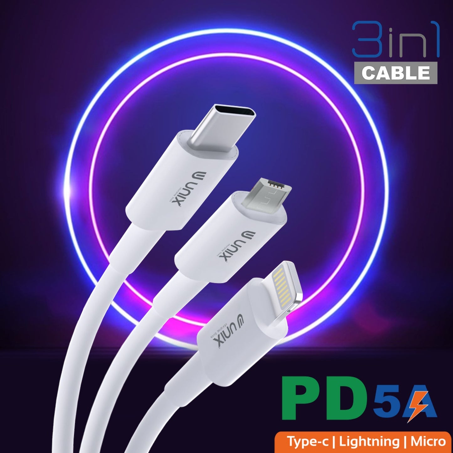 Unix UX-T22 3-in-1 Fast Charging Data Cable - Type-C, N70, Lightning - Unixindia.