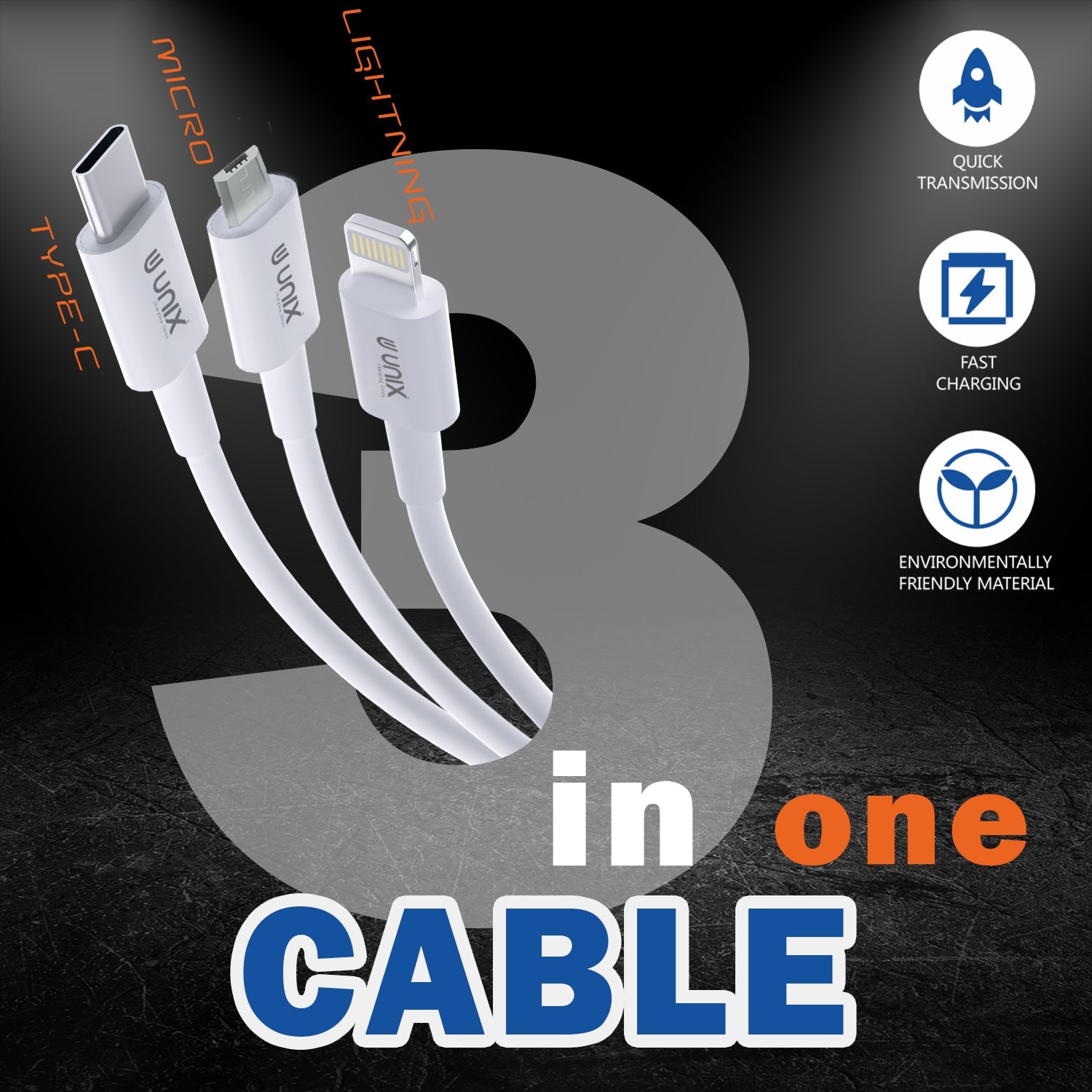 Unix UX-T22 3-in-1 Fast Charging Data Cable - Type-C, N70, Lightning - Unixindia.