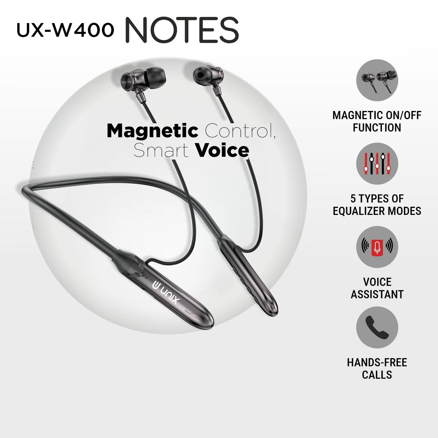 UNIX UX-W400 Notes Wireless Neckband - 99 Hours Playtime, Magnetic On/Off, Voice Assistant Enabled