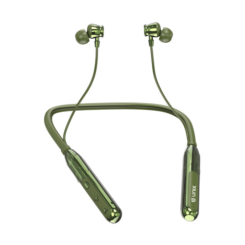 Green wireless neckband headphones on a white background