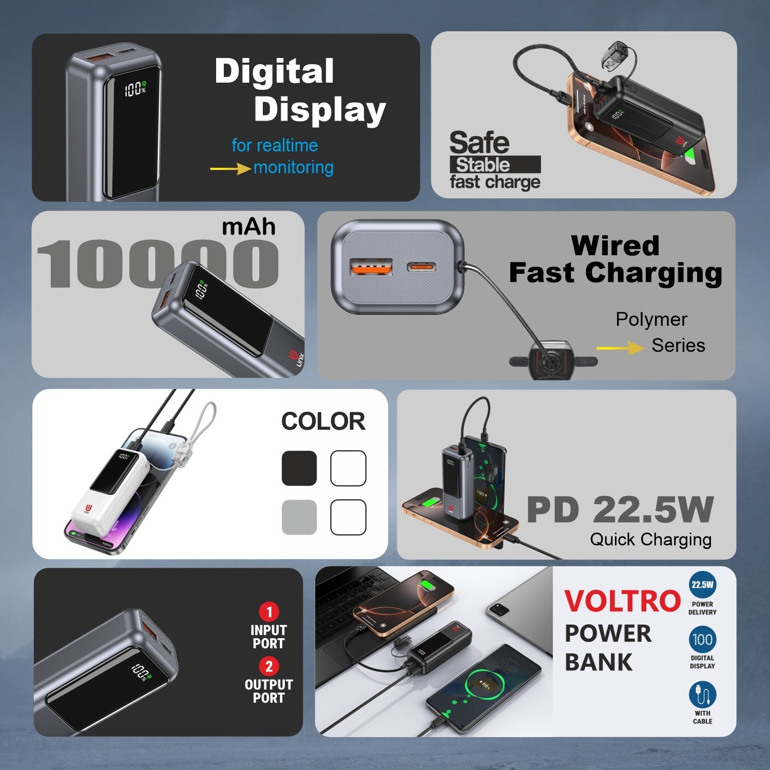 UNIX VOLTRO 10000mAh Power Bank – 22.5W PD Fast Charging with Digital Display